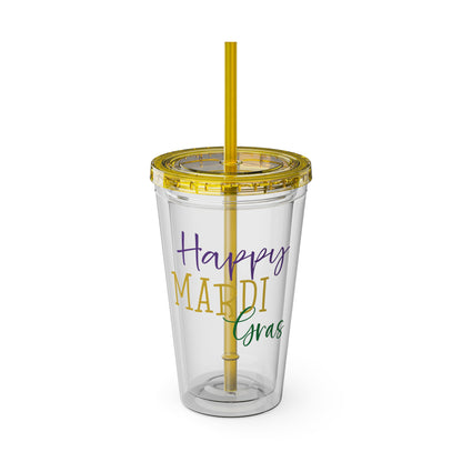 Custom Mardi Gras Sunsplash Tumbler with Straw, 16 oz