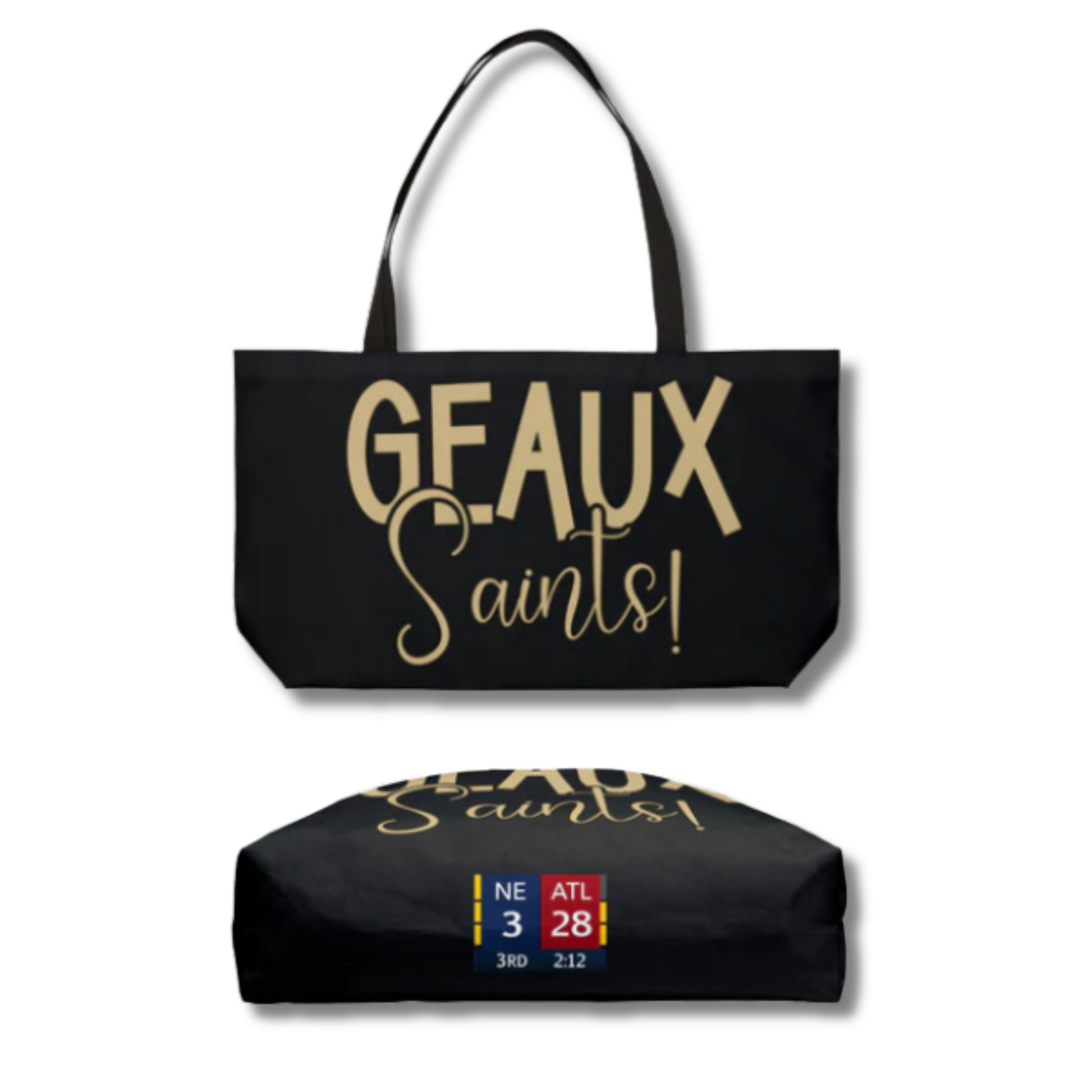 New Orleans Saints black and gold tote bag with the words Geaux Saints! on the front and back. On the bottom of the bag is the meme from the NE/ATL Super Bowl where the Falcons blew their lead and lost.  