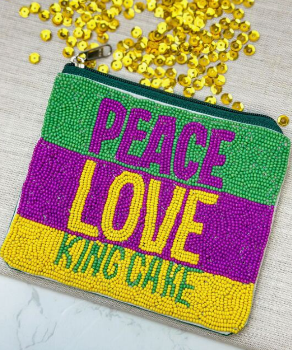 Peace Love King Cake Beaded Zip Pouch